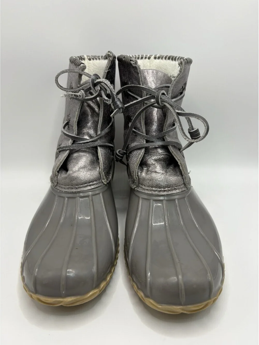 Jack Rogers Womens Hayley Duck Boot Size 8M Gray Silver Lace-Up Rubber Leather